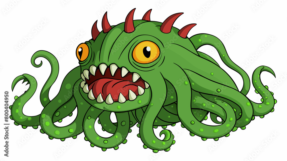A massive sea monster with eight long tentacles each with sharp suction cups and a diameter of 10 feet. Its skin is a dark murky green and its eyes. Cartoon Vector. A massive sea monster with eight long tentacles each with sharp suction cups and a diameter of 10 feet. Its skin is a dark murky green and its eyes. Cartoon Vector.