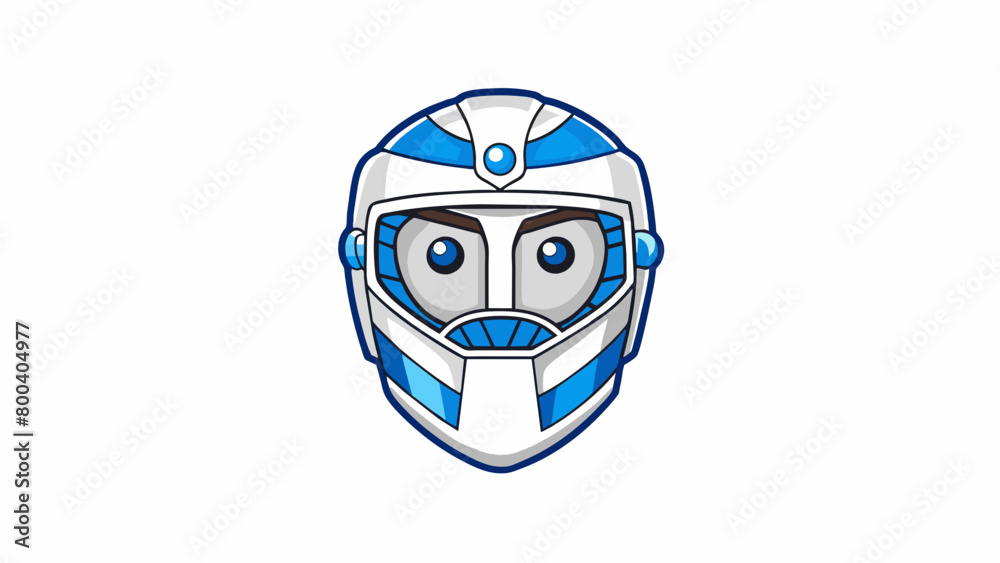 A minimalist white goalie mask with only the teams logo painted in bright blue on the forehead. The rest of the mask is plain and simple reflecting. Cartoon Vector. A minimalist white goalie mask with only the teams logo painted in bright blue on the forehead. The rest of the mask is plain and simple reflecting. Cartoon Vector.