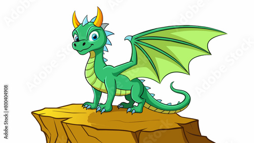 A magnificent dragon perched atop a cliff its scales glistening in the sun and its wings stretched wide as it gazes out over the forest with piercing. Cartoon Vector.