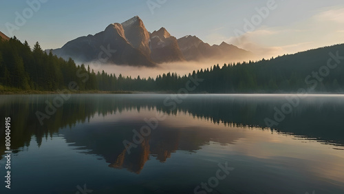 A tranquil mountain lake in subdued light, mystical with mist and clouds lining the surrounding mountain peaks.