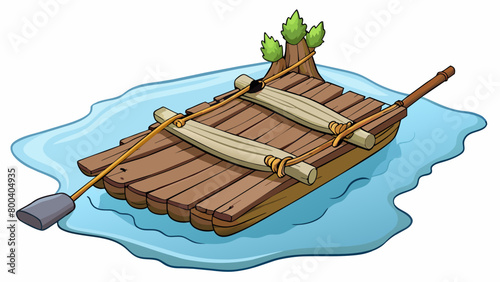 A makeshift raft constructed from large weathered logs lashed together with thick ropes. A single oar carved from a tree branch is used to steer the. Cartoon Vector.