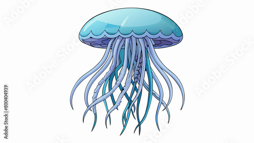 A massive translucent jellyfish with a saucerlike shape bobs in the ocean its long stinging tentacles reaching out in every direction to capture prey.. Cartoon Vector.