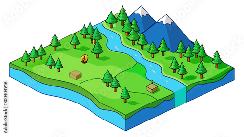 A map of a forest with various shades of green to indicate different types of vegetation. Streams and rivers are represented by thin blue lines and. Cartoon Vector.