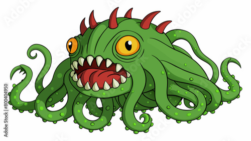 A massive sea monster with eight long tentacles each with sharp suction cups and a diameter of 10 feet. Its skin is a dark murky green and its eyes. Cartoon Vector.