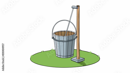 A metal bucket with a cylindricalshaped interior attached to a tall pole and positioned in an open field to collect rainfall.  on white background . Cartoon Vector.