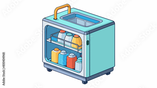 A mini dishwasher with a pullout rack and rotating spray arms complete with tiny detergent holders.  on white background . Cartoon Vector.