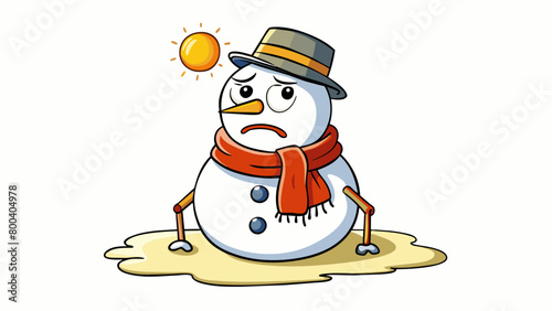 A melting snowman with a frowning face slumping over sideways as the warm sun beams down on him causing his scarf and hat to slide off.  on white. Cartoon Vector.