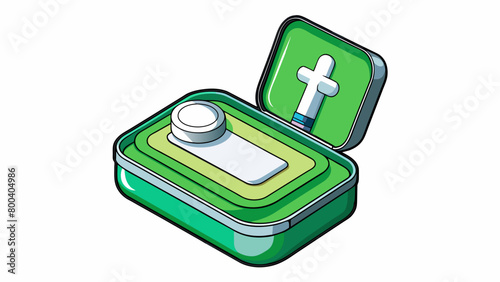 A metal tin with a flipopen lid and a green and white label. Inside are alcohol swabs eye wash solution and a whistle. The tin is sy and has a secure. Cartoon Vector.