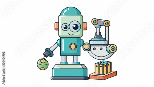 A mini toy microscope in the shape of a robot with a spherical head that can rotate and a pair of robotic arms that can hold and move slides. The eyes. Cartoon Vector.