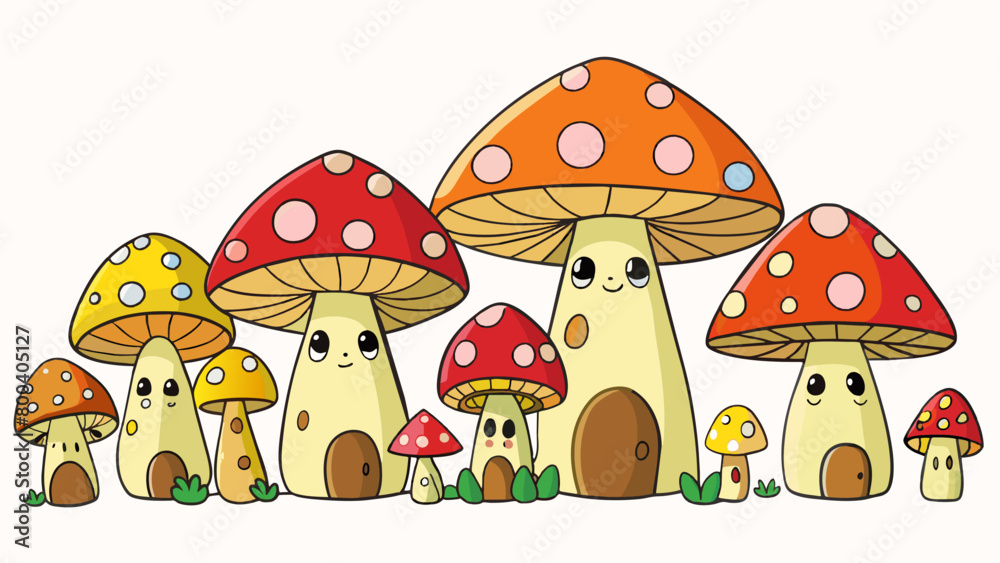 A of mushrooms each one a different size and color with tiny doors and windows carved into their caps hinting at the presence of tiny fairy. Cartoon Vector. A of mushrooms each one a different size and color with tiny doors and windows carved into their caps hinting at the presence of tiny fairy. Cartoon Vector.