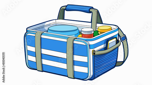 A modern insulated picnic cooler bag boasting a sleek design with a Blue and white striped pattern. The bag has multiple compartments perfect for. Cartoon Vector.