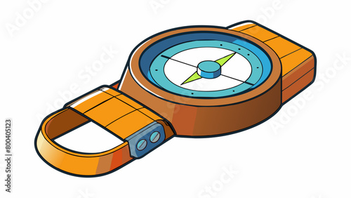 A modern electronic compass attached to a wristband displaying the time temperature and precise location coordinates. Designed for outdoor enthusiasts. Cartoon Vector.