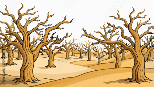 A of gnarled leafless trees huddle together against the relentless desert winds. Their twisted branches and stark silhouettes create an eerie haunting. Cartoon Vector.