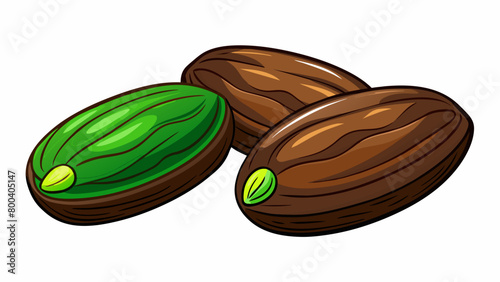 A of dark brown ovalshaped nuts encased in a ly green outer husk. The shells have a slightly woody texture and a strong earthy scent. The kernels. Cartoon Vector.
