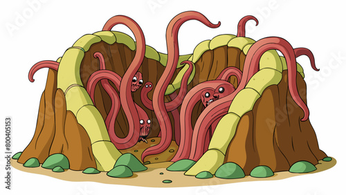 A of long webbed tentacles emerging from a rocky cavern each one as thick as a grown mans body.  on white background . Cartoon Vector.