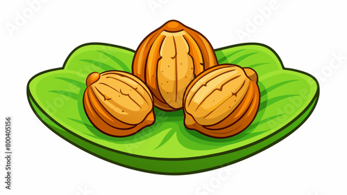 A of tancolored nuts nestled within a vibrant green shell. The shells rough bumpy surface contrasts with the smooth curved shape of the nuts inside.. Cartoon Vector.