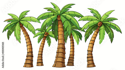 A of palm trees swaying gently in the warm breeze their long narrow leaves rustling together like whispers. Their trunks are weathered and rugged with. Cartoon Vector. photo