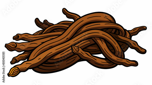 A of dried Licorice roots gnarled and knotted like a tangled web of branches. The surface is rough and wrinkled with a dusty black color that fades to. Cartoon Vector.