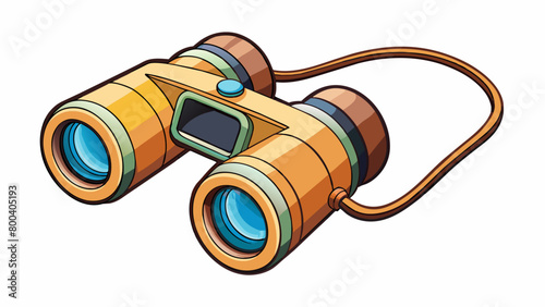 A pair of binoculars with a durable plastic frame and adjustable focus for spotting wildlife from afar. The lens cap is attached with a string to. Cartoon Vector.