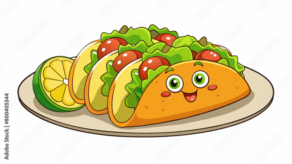 A plate of chicken tacos topped with a generous squeeze of lime juice. The slices of lime add a burst of tangy flavor to the dish enhancing the savory. Cartoon Vector. A plate of chicken tacos topped with a generous squeeze of lime juice. The slices of lime add a burst of tangy flavor to the dish enhancing the savory. Cartoon Vector.
