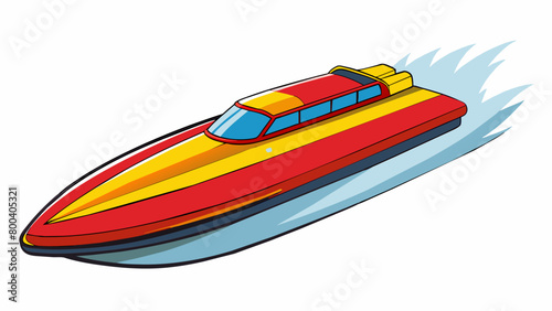 A plastic speedboat about two feet in length with a sleek streamlined body and bright red and yellow stripes streaking down the sides. The boats. Cartoon Vector. photo