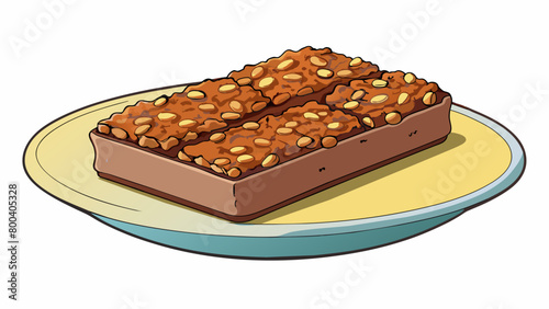A plate of granola bars made with a base of oats nuts and honey coated in a layer of chocolate for a satisfying and energizing snack on the go.  on. Cartoon Vector.