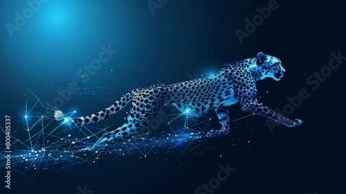 An abstract depiction of a cheetah running formed from lines and triangles, with a point connecting network on a blue background. photo