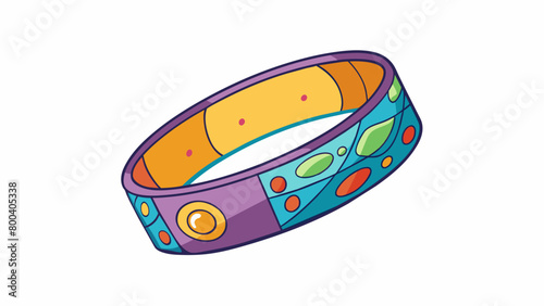 A plastic wristband with colorful patterns and a small circular patch in the center. The patch is coated with a sticky substance and a faint herbal. Cartoon Vector.