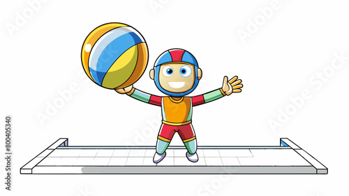 A player with outstretched arms stands ready in the back row waiting for the opposing teams serve. The ball is a brightly colored sphere with a smooth. Cartoon Vector.
