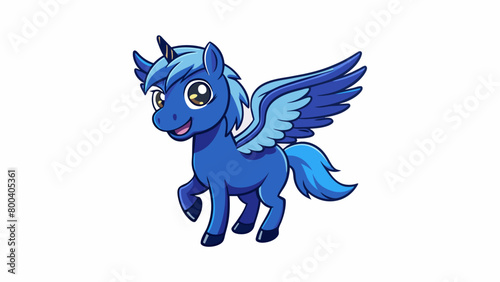 A playful Pegasus with a mischievous glint in its eye and a sly smirk on its lips. Its wings are a deep midnight blue and seem to le with stars as it. Cartoon Vector.