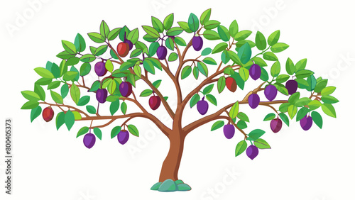 A plum tree its branches heavy with fruit swaying gently in the breeze. The leaves are a deep green color with hints of red and orange on the edges.. Cartoon Vector.