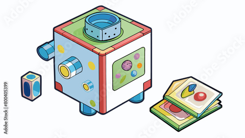 A pocketsized toy microscope shaped like a colorful cube with each side equipped with a different magnification lens. It also comes with a booklet. Cartoon Vector. photo