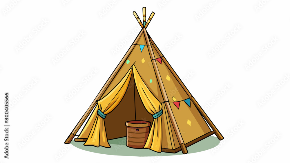 A rustic teepeestyle play tent made of natural canvas and wooden poles. The tent has a flap door and a small window and can be decorated with fabric. Cartoon Vector.