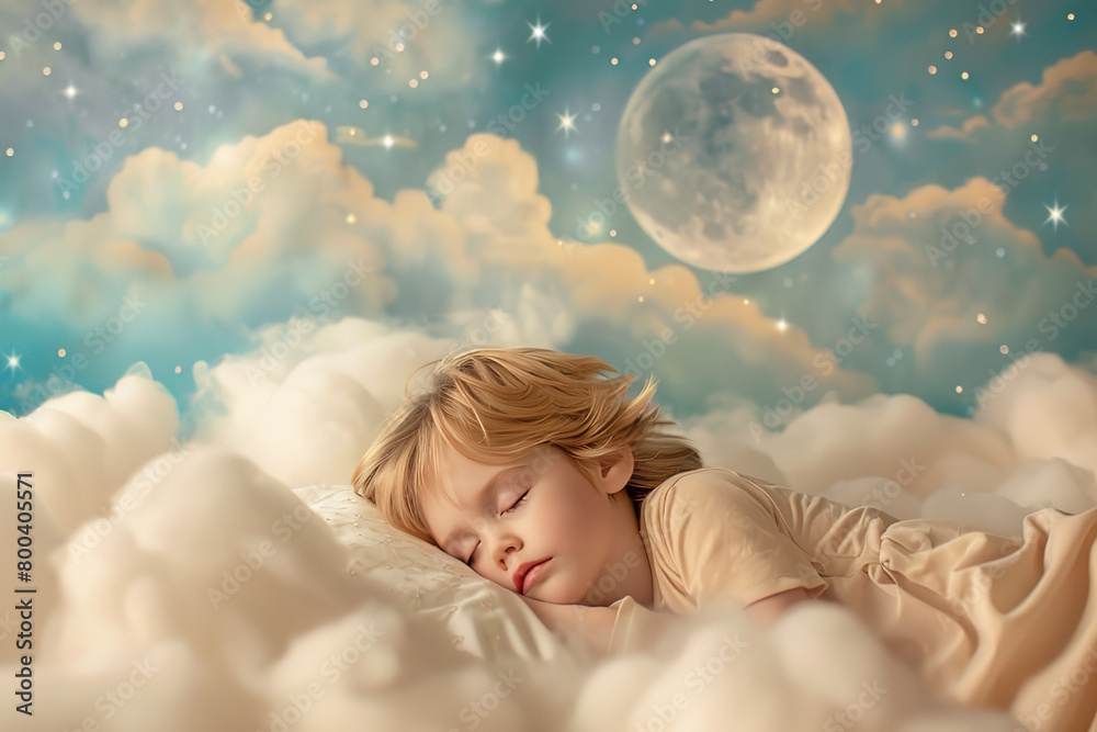 Little boy sleeping on clouds in bed, night sky with moon and stars background, concept of good sleep for children