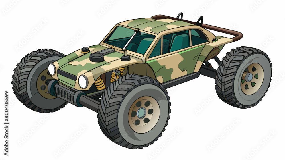 A rugged offroad remote control buggy with a camouflage print body and thick by tires. It has a durable frame and can withstand rough terrain. The. Cartoon Vector.
