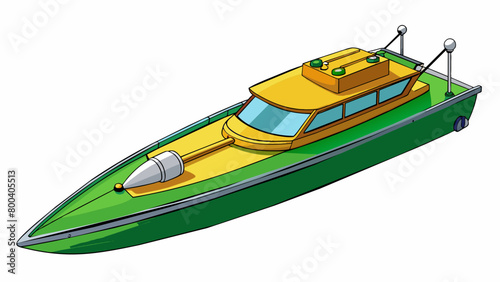 A remotecontrolled model yacht measuring a few feet in length with a realistic looking rudder and propeller at the back. The hull is painted a deep. Cartoon Vector.