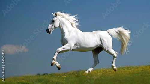 White horse galloping by white fence under clear sky