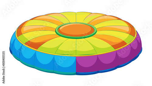 A round inflatable mat filled with air and covered in bright colors designed for learning and practicing cartwheels handstands and other beginnerlevel. Cartoon Vector.