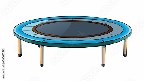 A round bouncy object made of thick black material stretched over a sy metal frame. It stands tall in a brightly colored backyard beckoning children. Cartoon Vector.