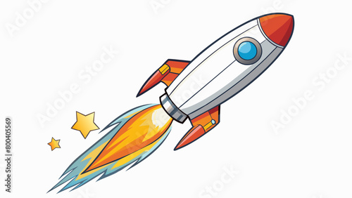 A rocket blasts off into the clear evening sky its long body propelled forward by powerful engines. It gleams in the sunlight its metallic surface. Cartoon Vector.