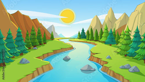 A serene river bordered by tall trees and smooth rocks meanders its way through the vast green valley reflecting the warm rays of the sun on its clear. Cartoon Vector. photo