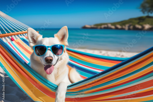 Happy Dog  with sunglasses relaxing on a rainbow hammock. Vacation concept. © ulkas