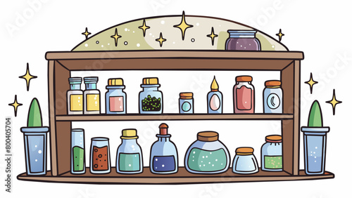 A shelf in the elfs cozy home is lined with jars filled with sparkling dust and potions. The jars are labeled in elegant cursive script and emit a. Cartoon Vector.