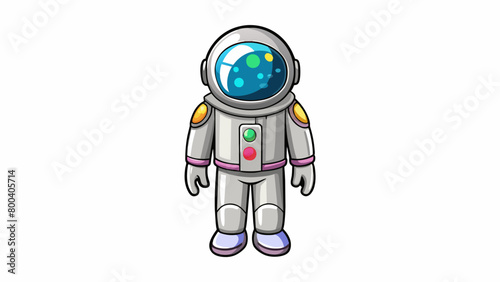 A shiny silver suit with a reflective visor and attached black gloves and boots. The suit is adorned with colorful planet and star patches.  on. Cartoon Vector.