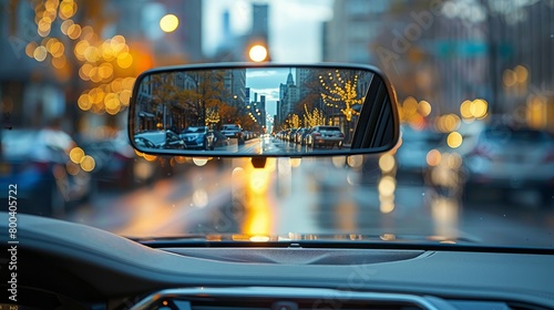 Adjustment of the rear-view mirror to the windshield's perspective. photo