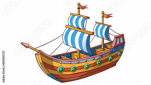A ship with a nimble frame and small delicate sails. Its colorful hull is painted with bright stripes and patterns making it stand out against the. Cartoon Vector.