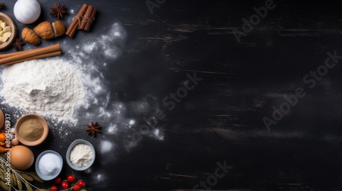 An elegant display of cooking essentials   flour  eggs  and spices arrayed on a dark wooden background  embodying a luxurious cooking atmosphere
