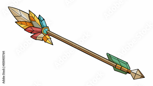 A simple homemade arrow assembled from various scraps and materials. Its shaft is a thick twig its feathers are a patchwork of mismatched colors and. Cartoon Vector.