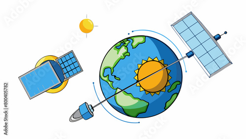 A sleek and streamlined satellite orbits the Earth its solar panels constantly soaking up the suns energy. It is equipped with advanced instruments. Cartoon Vector.