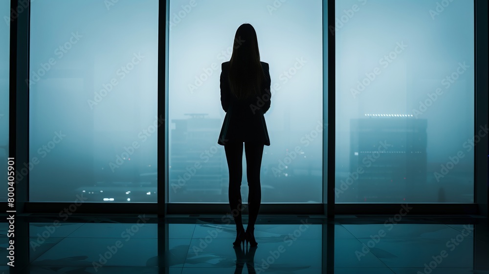 Fototapeta premium A woman stands by a window in a dimly lit room